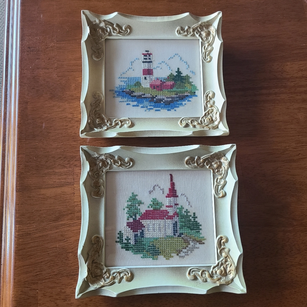 Vintage Cross Stitch Art Framed Set Of 2. Lighthouse & Church 7.5 × 7.5 "